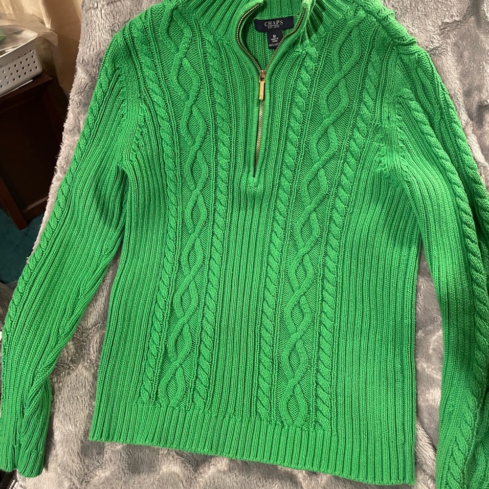 Chaps Vivid Green Cable Knit Womo Zip-Neck Sweater